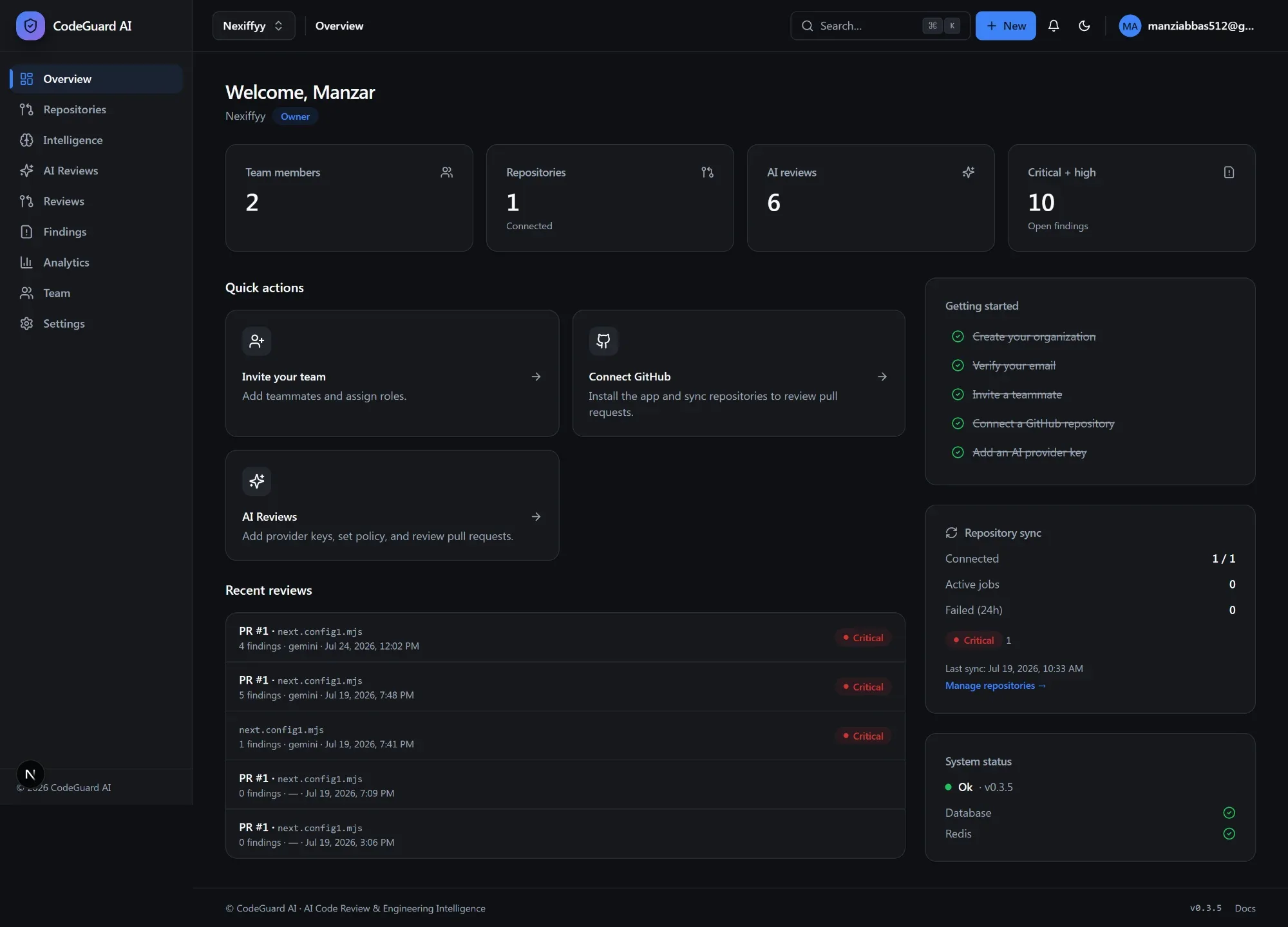 CodeGuard AI intelligent code review and security analysis platform dashboard